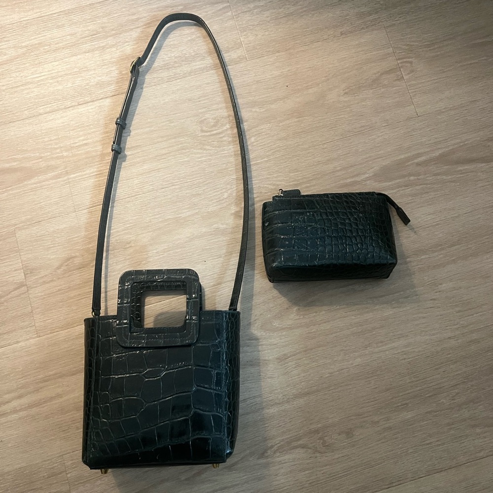 Staud Green Crocodile Embossed Shirley Leather Tote Bag & Pouch